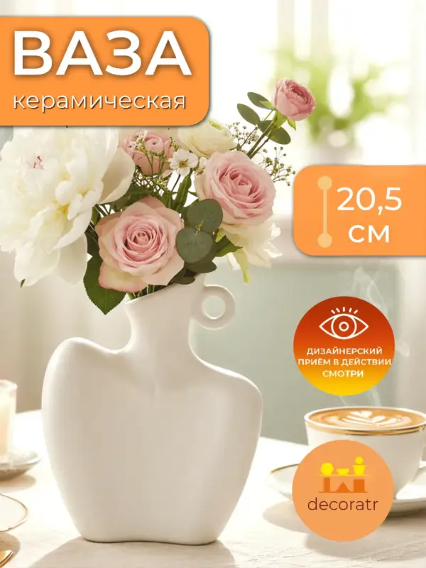 Ваза керамическая белая для цветов интерьерная 20,5 см