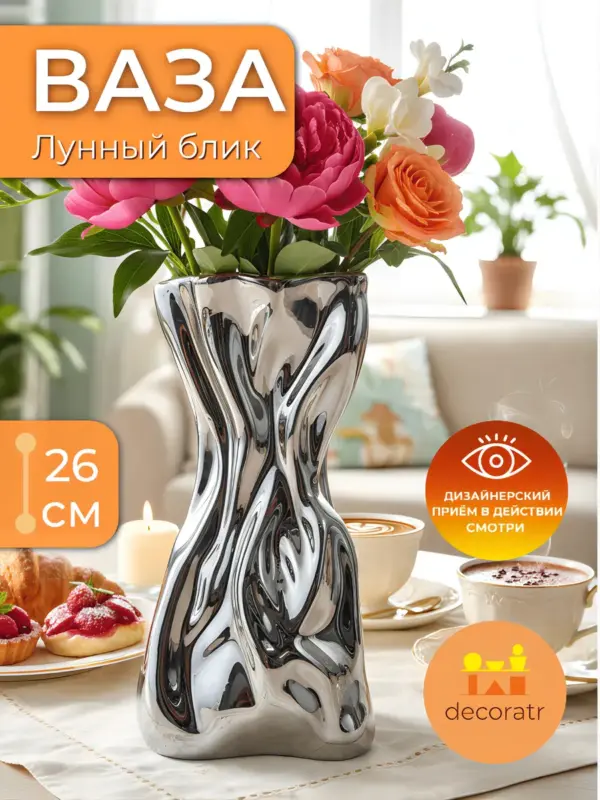 Ваза керамическая серебристая для цветов декор 26см