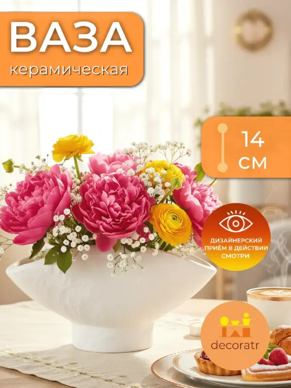 Ваза керамическая для цветов белая декоративная 14 см