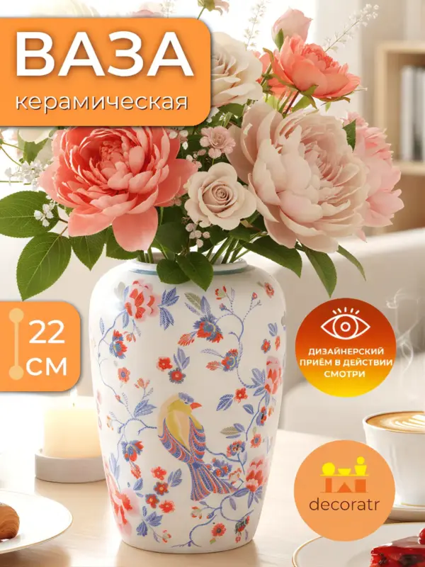 Ваза керамическая для цветов с узором белая 22 см