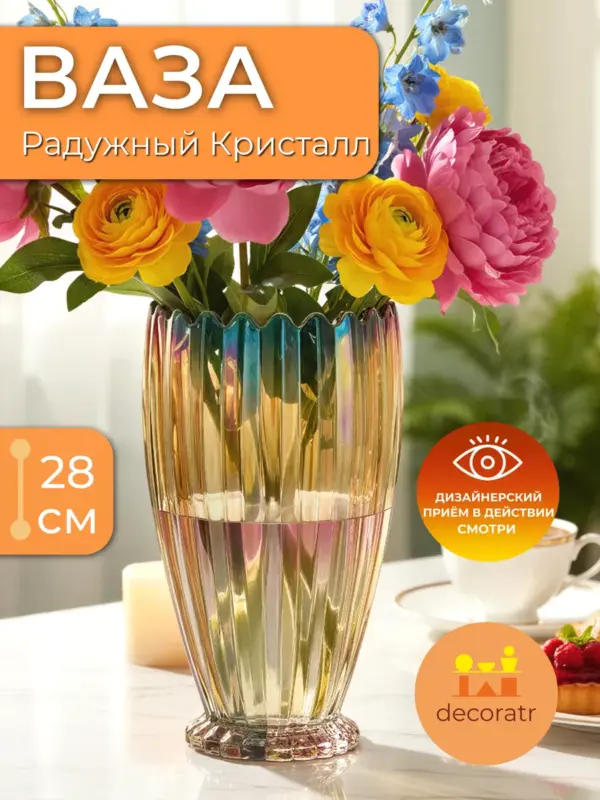 Ваза стеклянная для цветов рифленая радужная 28 см