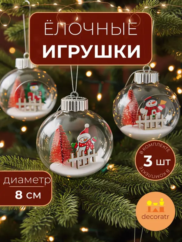 Шары елочные прозрачные пластиковые со снеговиком 8см 3шт
