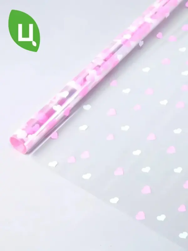 Пленка упаковочная СЕРДЕЧКИ розовый-белый 9м 700мм/200