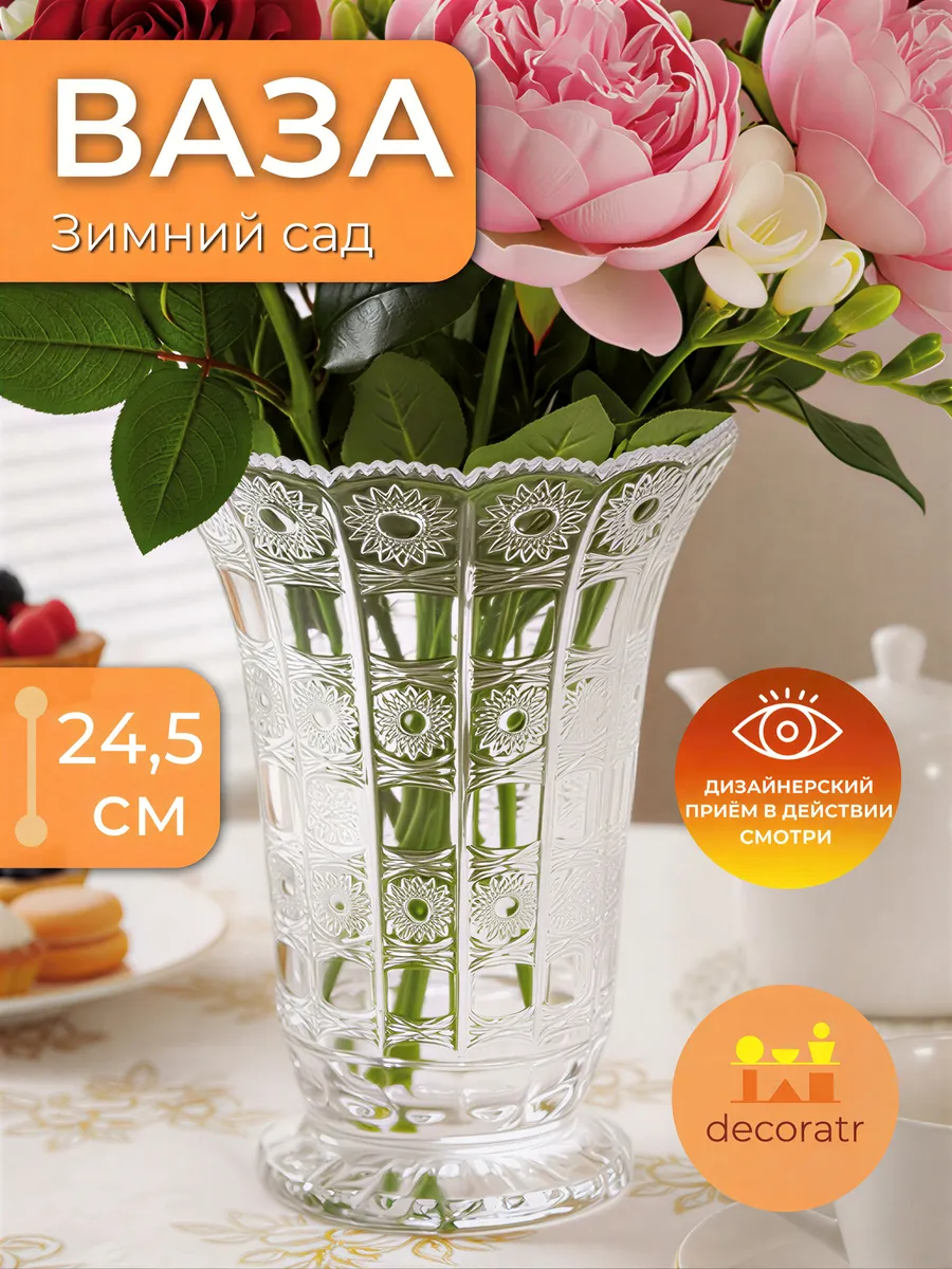 Ваза стеклянная для цветов рельефная прозрачная 24,5 см