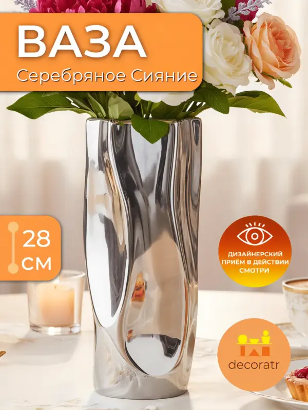 Ваза керамическая для цветов зеркальная серебристая 28см
