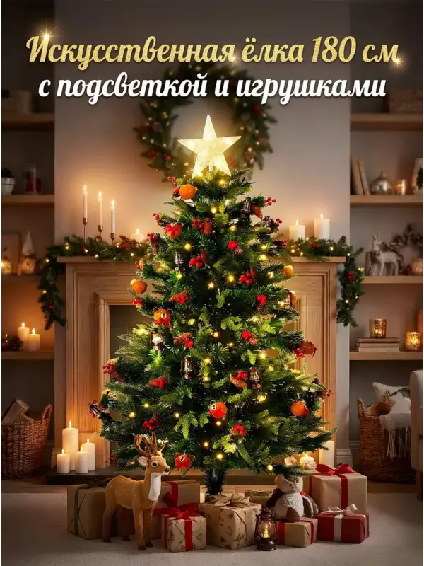 Ёлка искусственная с подсветкой и украшениями 180см