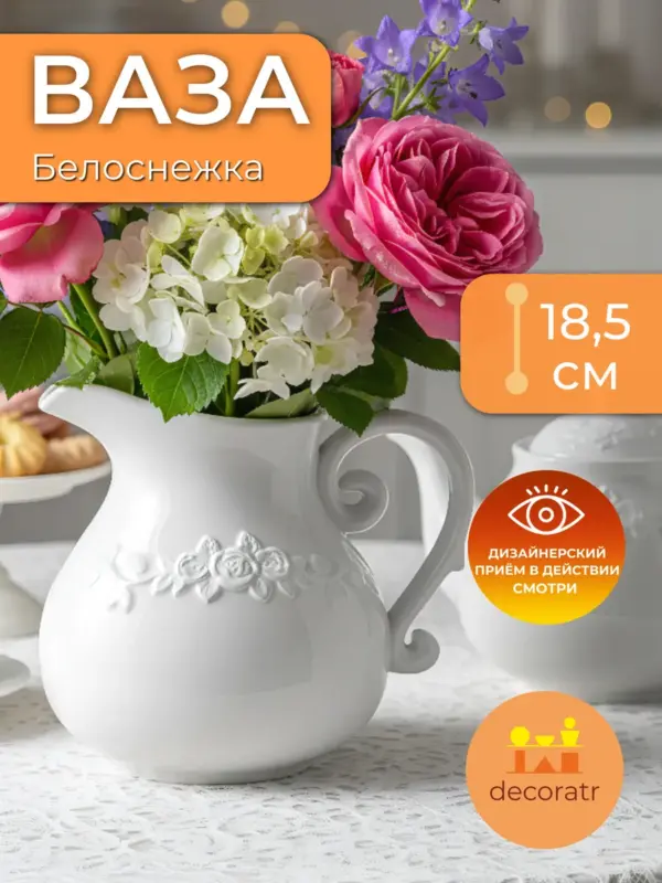 Ваза керамическая белая для цветов интерьерная 18,5см
