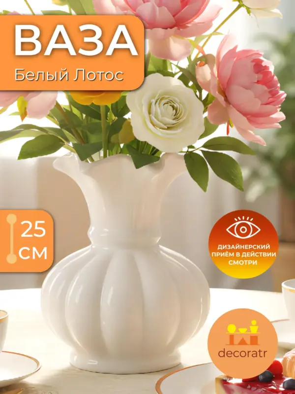 Ваза керамическая белая для цветов рифленая 25 см
