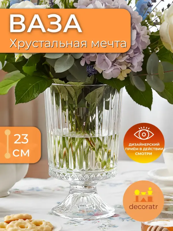 Ваза стеклянная на ножке для цветов прозрачная 23см