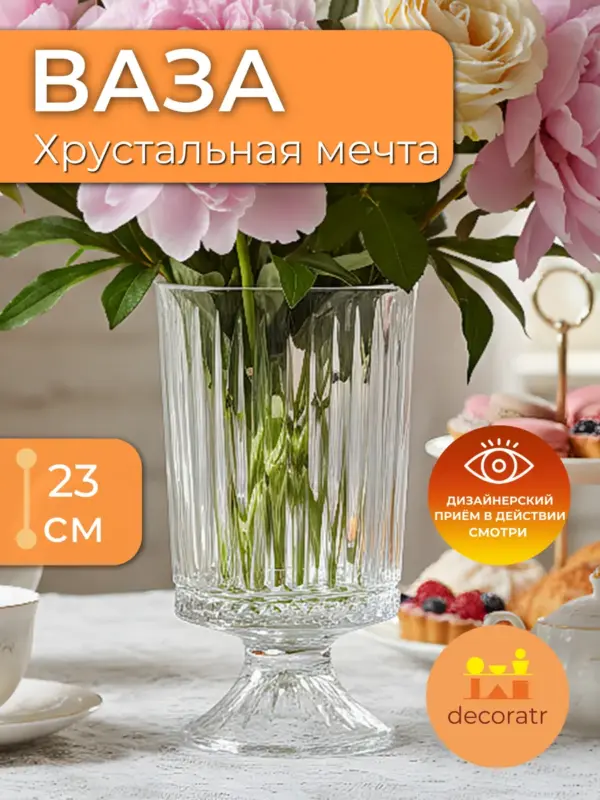 Ваза стеклянная на ножке для цветов прозрачная 23 см