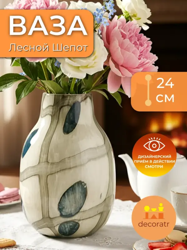 Ваза стеклянная для цветов с рисунком листьев 24см