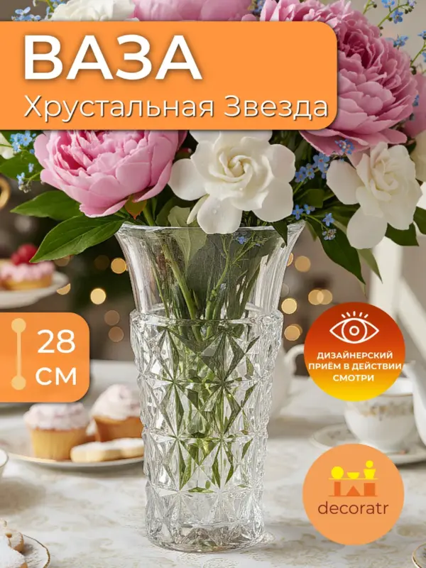 Ваза стеклянная граненая для цветов прозрачная 28 см