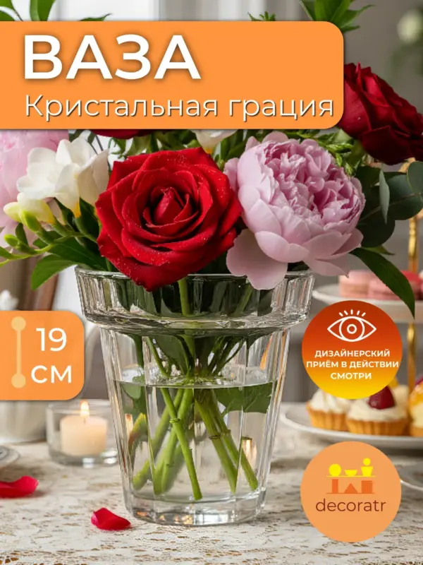 Ваза стеклянная для цветов интерьерная 19х16 см