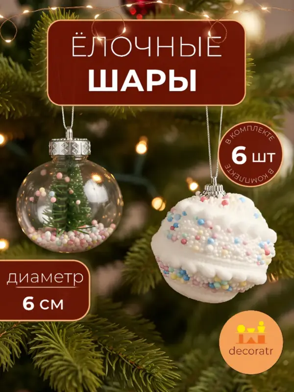 Шары елочные пластиковые белые с декором 6 см набор 6 штук