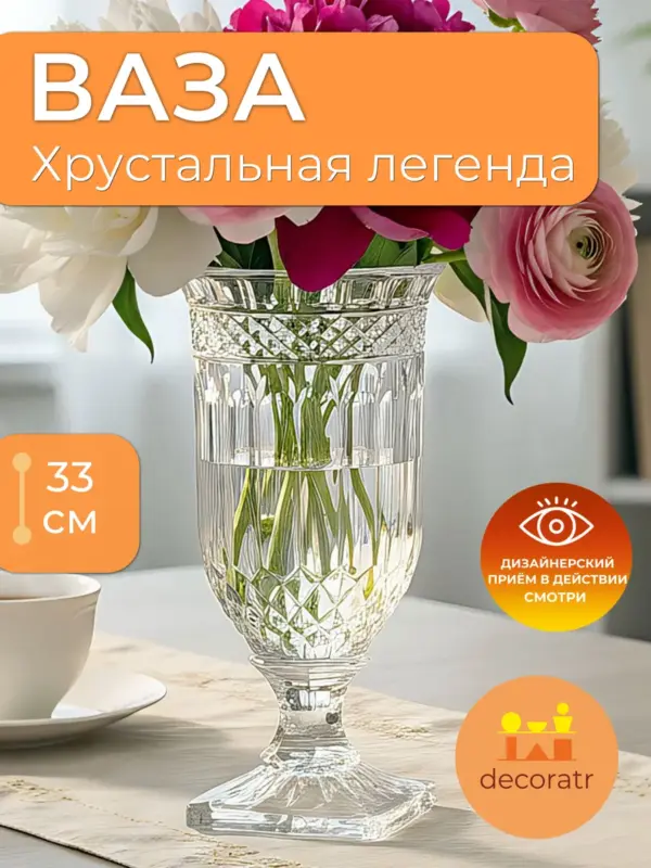 Ваза хрустальньное стекло для цветов с огранкой 33 см