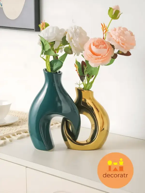 Ваза керамическая для цветов зелёная золотая 21,5 см