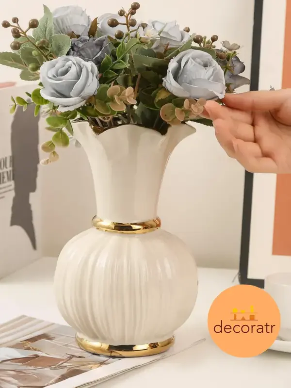 Ваза керамическая для цветов белая золото 25см