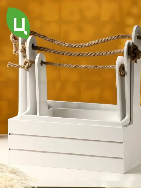 Кашпо деревянное для цветов белое с ручками, набор 3 шт