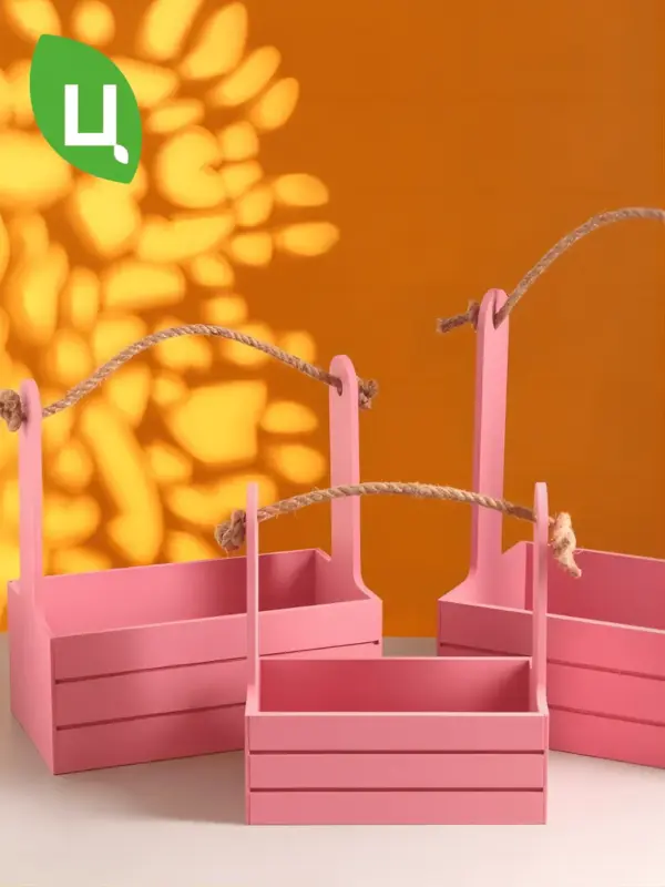 Кашпо деревянное для цветов розовое с ручками, набор 3 шт