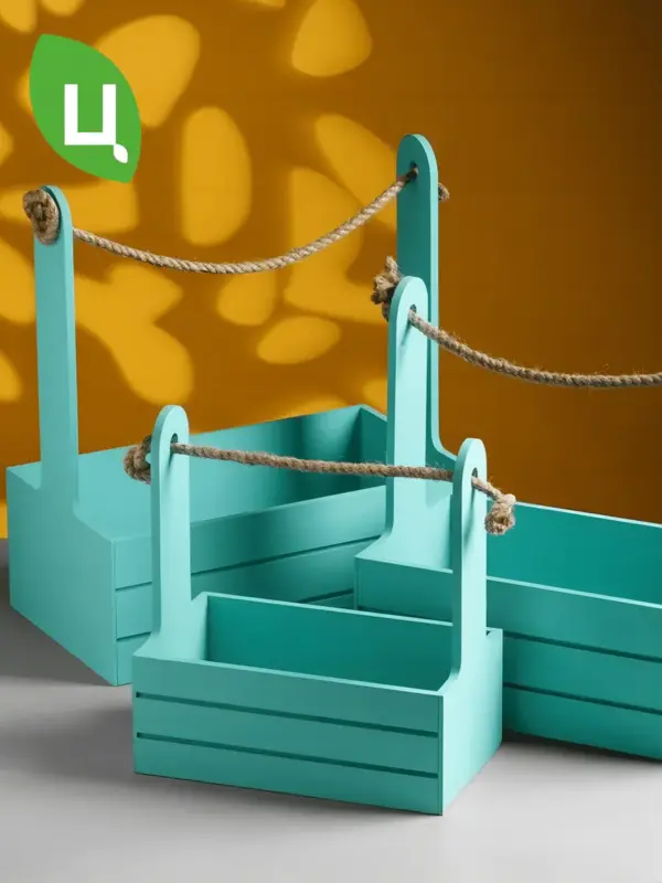 Кашпо деревянное для цветов мятное с ручками, набор 3 шт