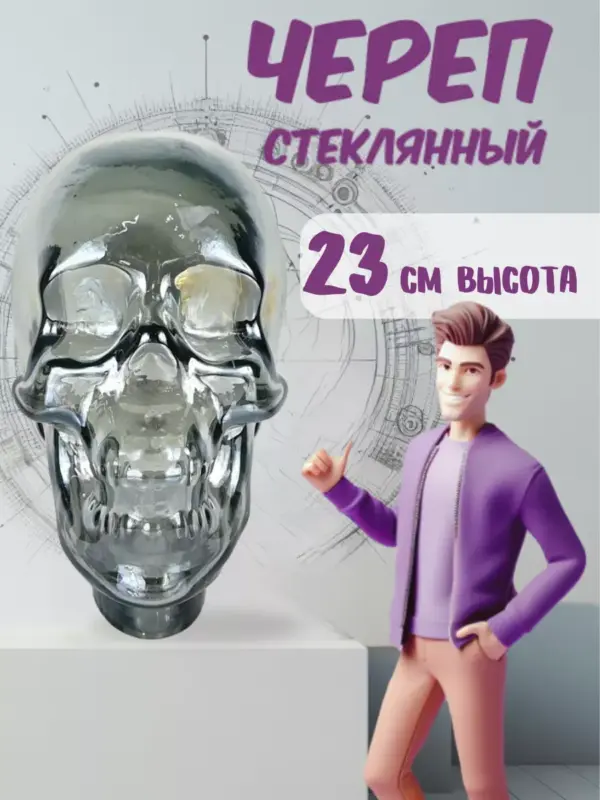 Статуэтка стеклянная череп для интерьера декор 23 см
