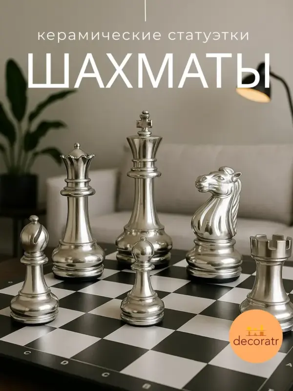 Керамические статуэтки в виде шахматных фигурок 6 шт серебро