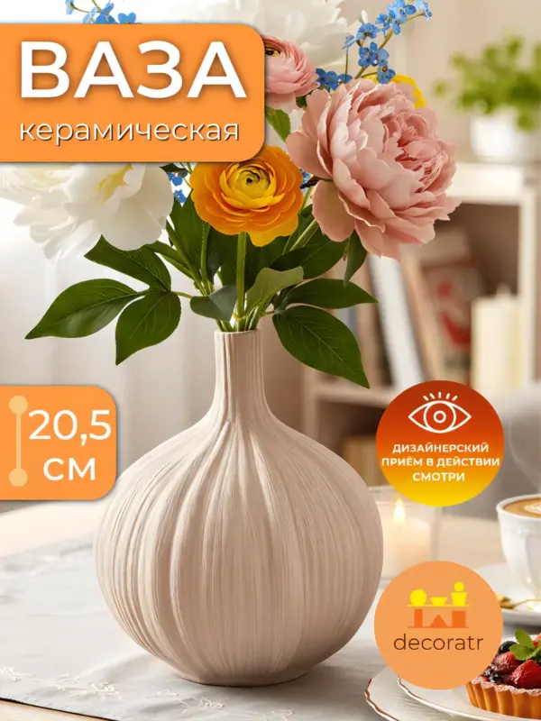 Ваза керамическая для цветов интерьерная бежевая 20,5 см