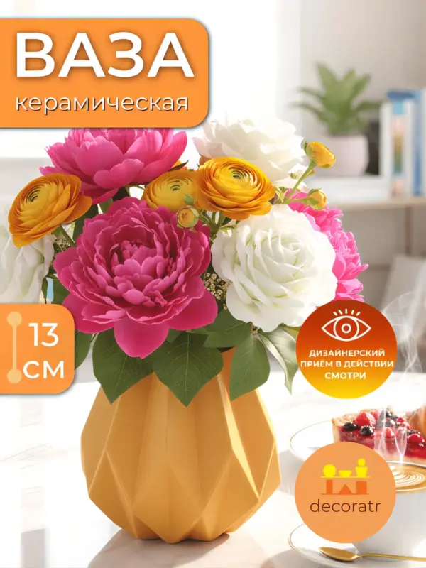 Ваза керамическая для цветов декоративная жёлтая 13 см