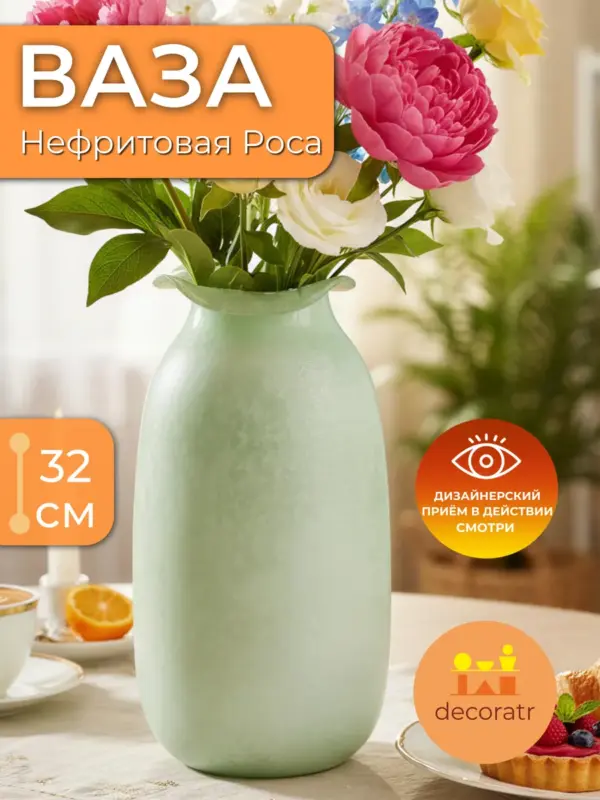 Ваза стеклянная для цветов зеленая интерьерная 32см