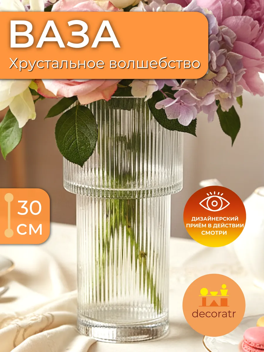 Ваза стеклянная рифленая для цветов прозрачная 30 см
