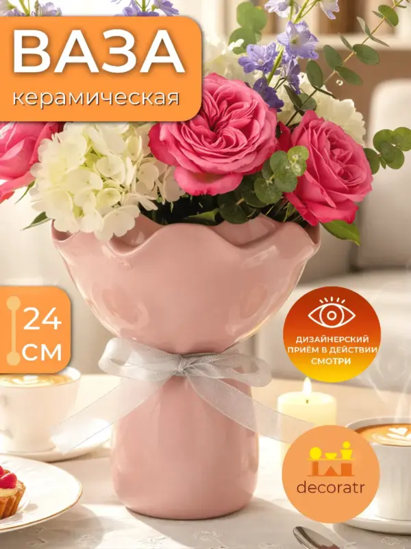 Ваза керамическая для цветов розовая волнистая 24 см