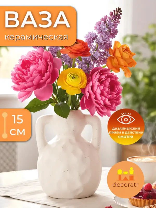 Ваза керамическая для цветов декоративная белая 15см