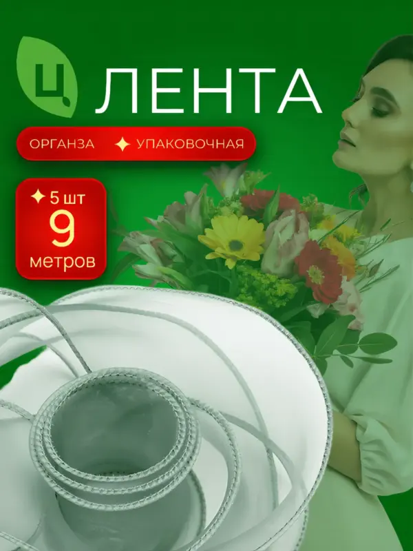 Лента органза Лента Синьцзи зеленая 40 мм*9Y 081, 5 шт