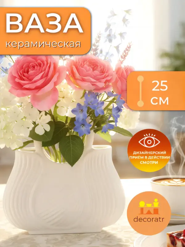 Ваза керамическая для цветов сумочка белая 25 см