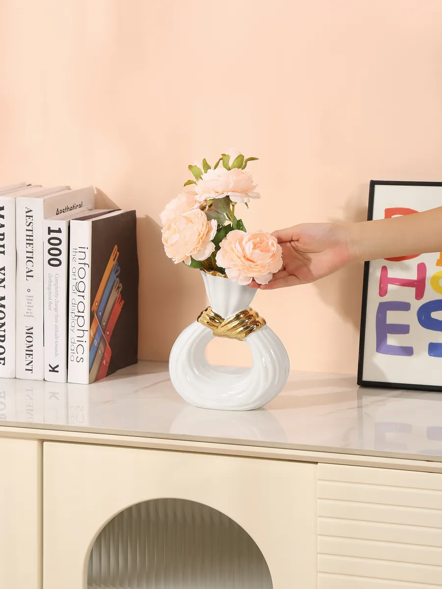 Ваза керамическая для цветов белая золотая 21см — изображение 2