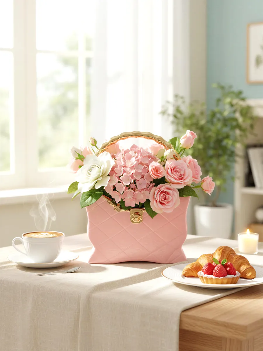 Ваза керамическая для цветов сумочка розовая 28 см — изображение 2