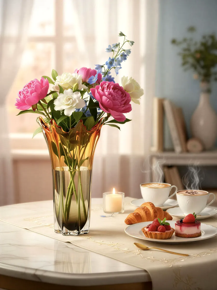 Ваза стеклянная интерьерная для цветов янтарная 33 см — изображение 2