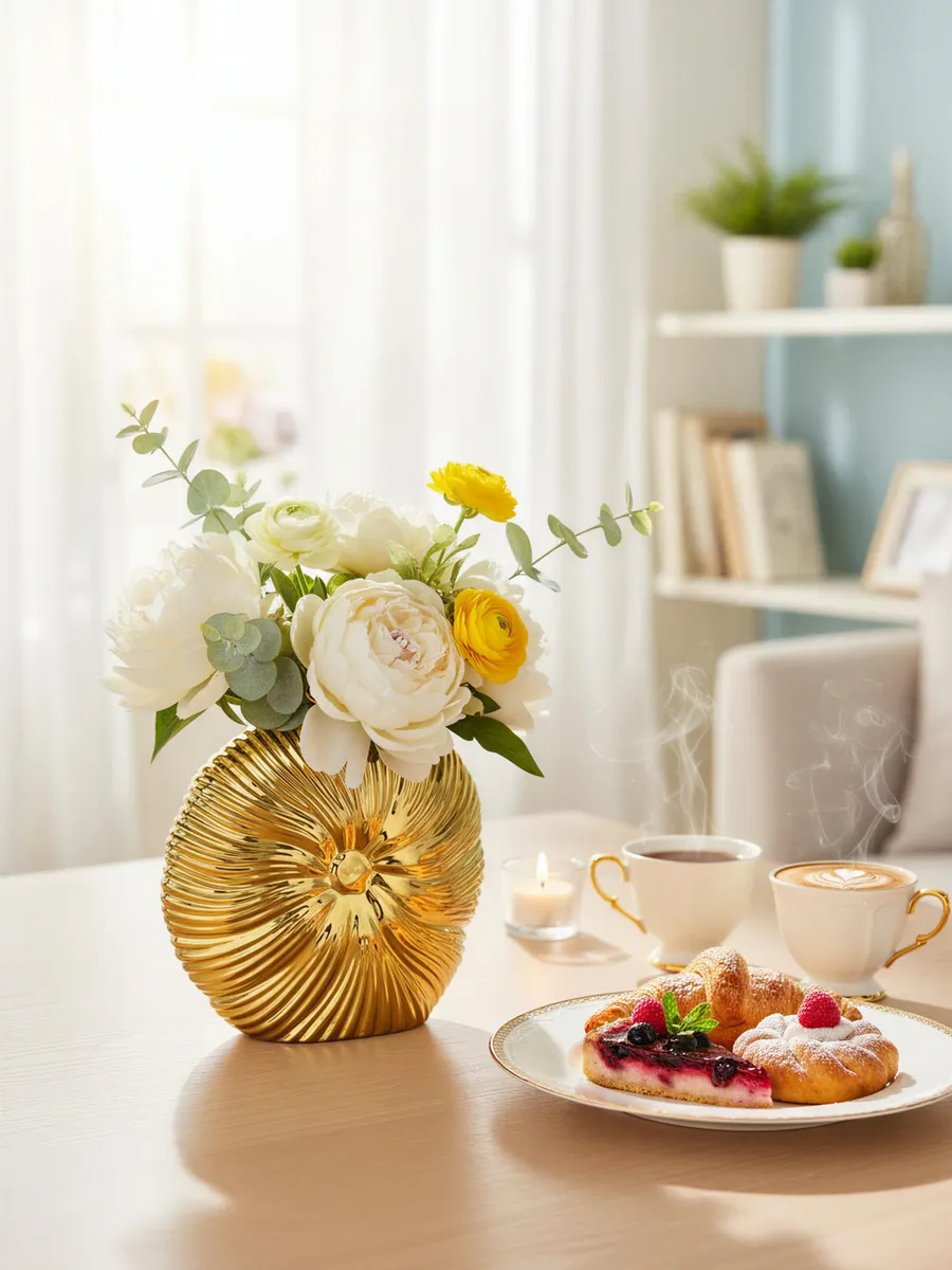 Ваза керамическая для цветов золотая ракушка 18 см — изображение 2