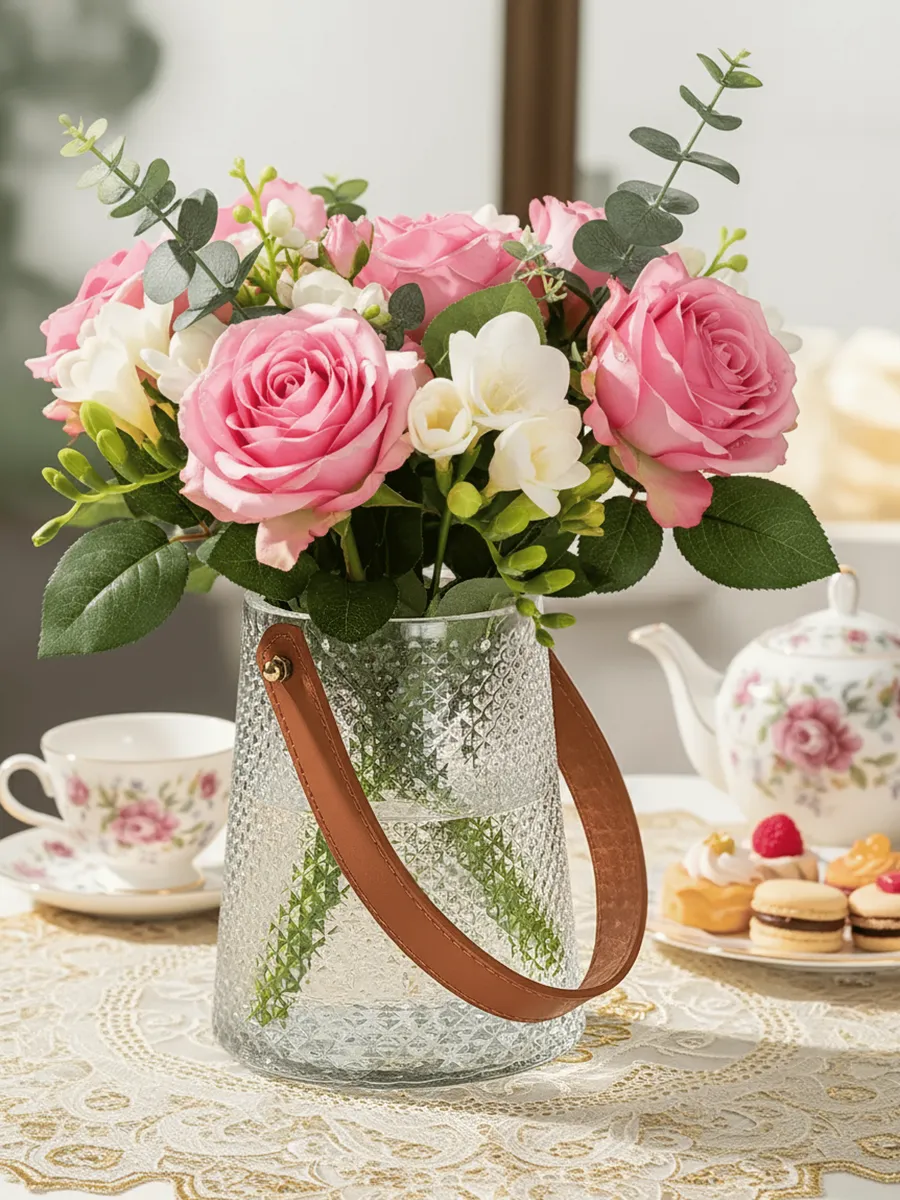 Ваза стеклянная с ручкой для цветов декоративная 18 см — изображение 2