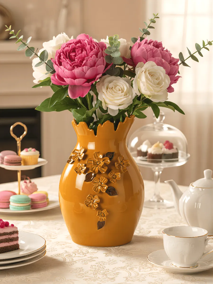 Ваза керамическая для цветов с декором оранжевая 32см — изображение 2