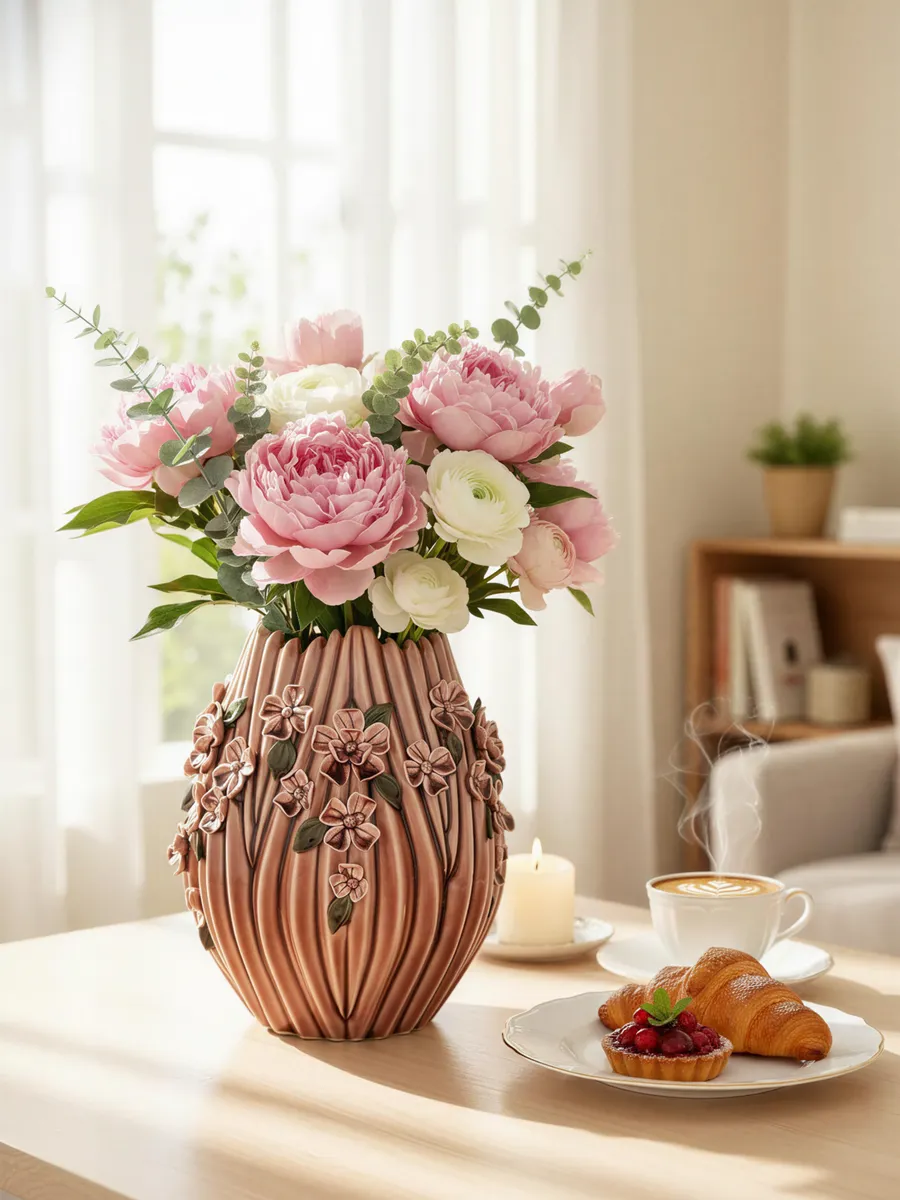 Ваза керамическая для цветов рельефная коричневая 28,5 см — изображение 2