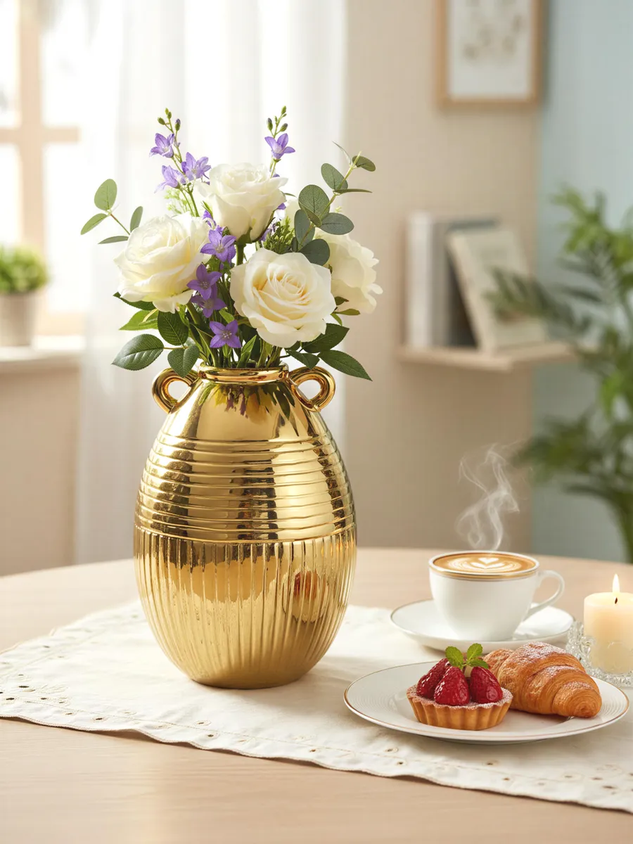 Ваза керамическая для цветов золотая 22 см — изображение 2