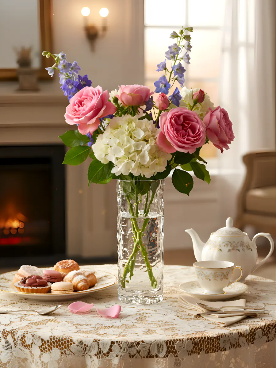 Ваза стеклянная для цветов рельефная прозрачная 20 см — изображение 2