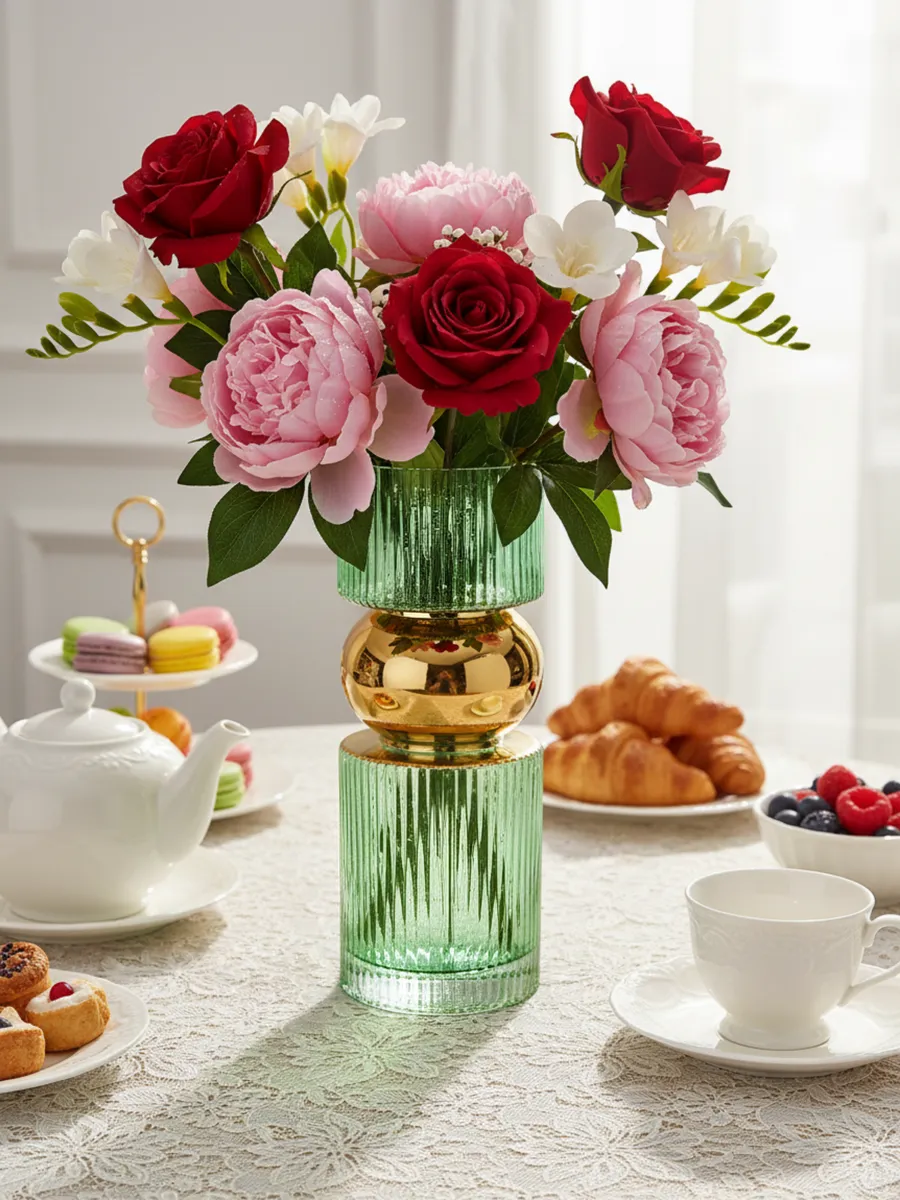 Ваза стеклянная для цветов зеленая золотая 35 см — изображение 2