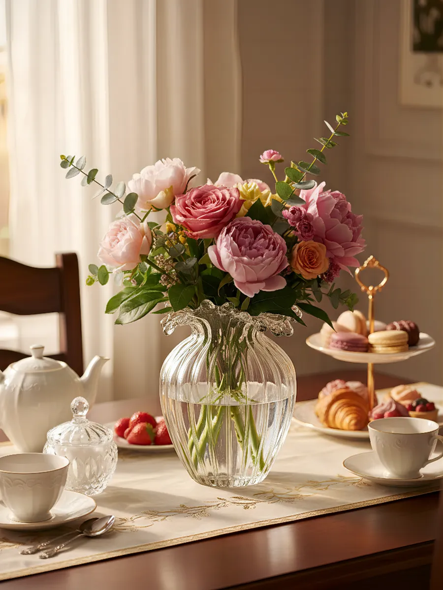 Ваза стеклянная интерьерная для цветов рифленая 18см — изображение 2