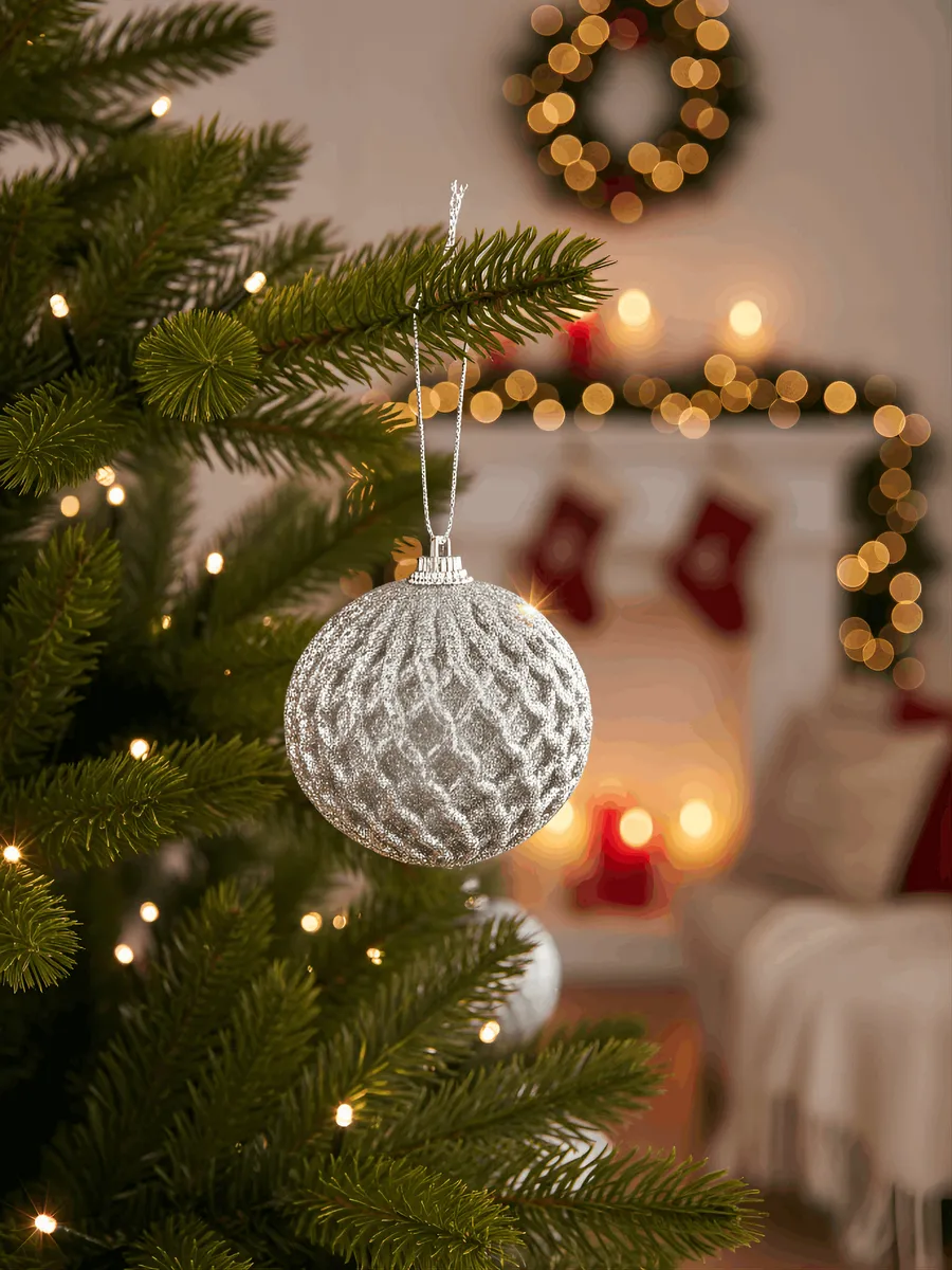 Шары ёлочные серебристые рифлёные новогодние декор набор 6шт — изображение 2