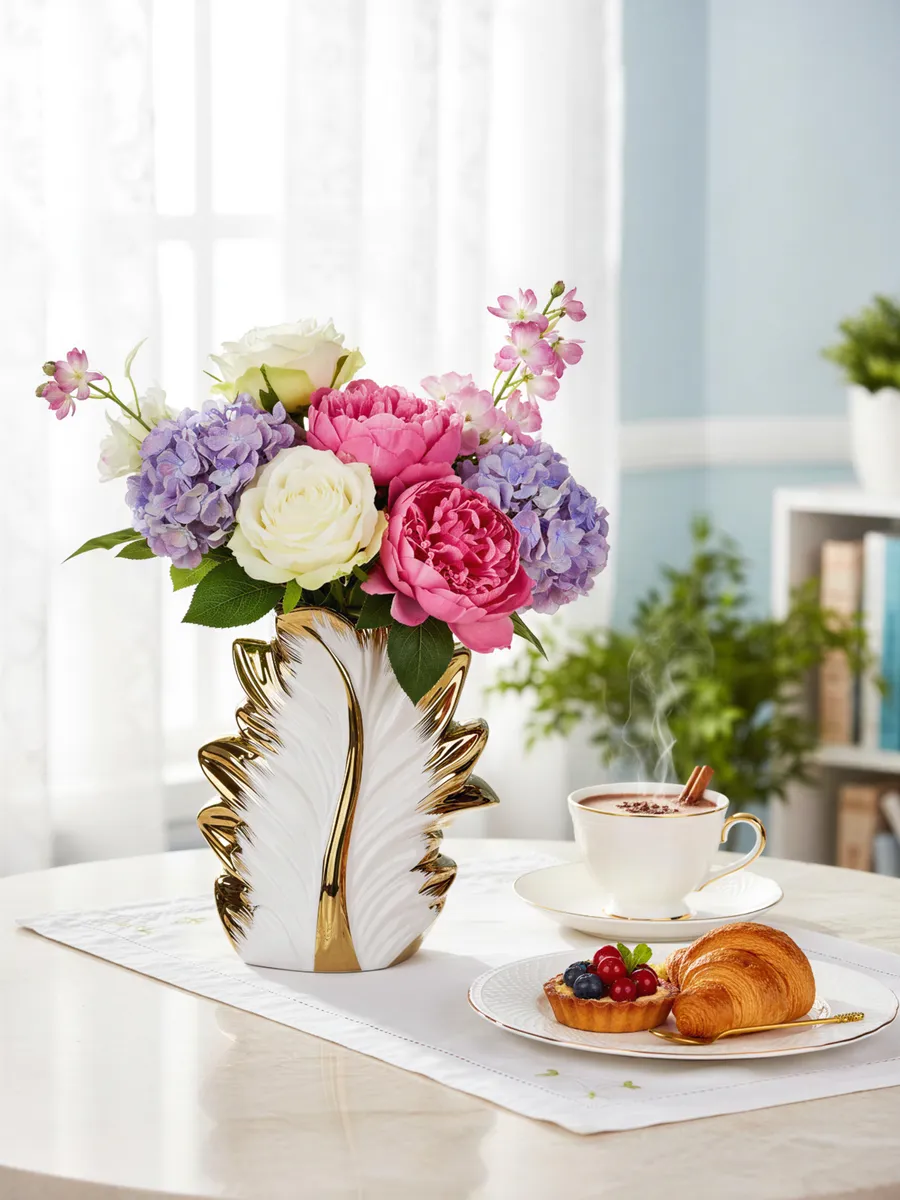 Ваза керамическая для цветов лист золотистая 24,5 см — изображение 2