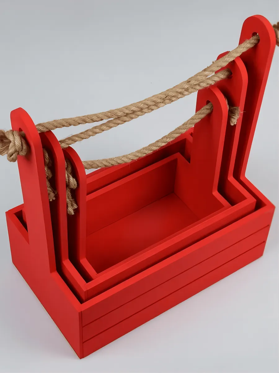 Кашпо деревянное для цветов красное с ручками, набор 3 шт — изображение 2