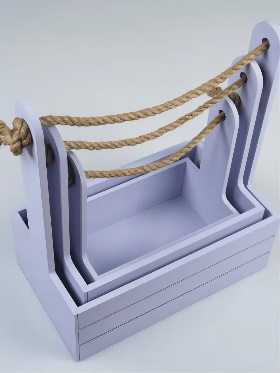 Кашпо деревянное для цветов сиреневое с ручками, набор 3 шт — изображение 2