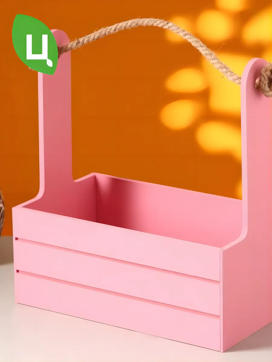 Кашпо деревянное для цветов розовое с ручками, набор 3 шт — изображение 2
